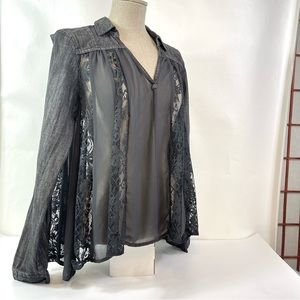 Free People Denim Lace Swing Top Long Sleeve Blouse S Small
